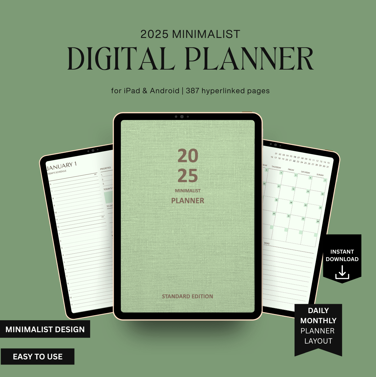 2025 minimalist digital planner for iPad and Android on a green background
